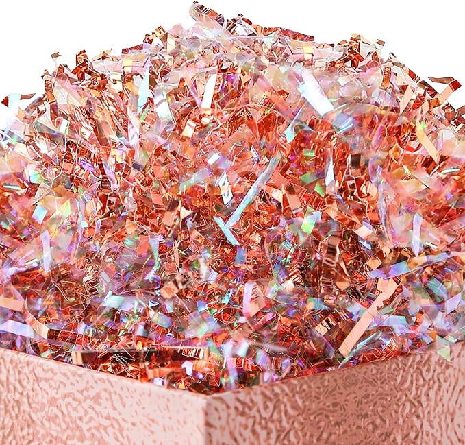 UNIQOOO 1/2 LB Metallic Iridescent Rose Gold Crinkle Cut Paper Shredded Filler, Rosy Pink Gold Grass Raffia Tissue, Strands Shred Craft Bedding Cushion Paper, for Christmas Wedding Mothers Day Bridesmaid Engagement Gift Boxes Bags Retail Decoration