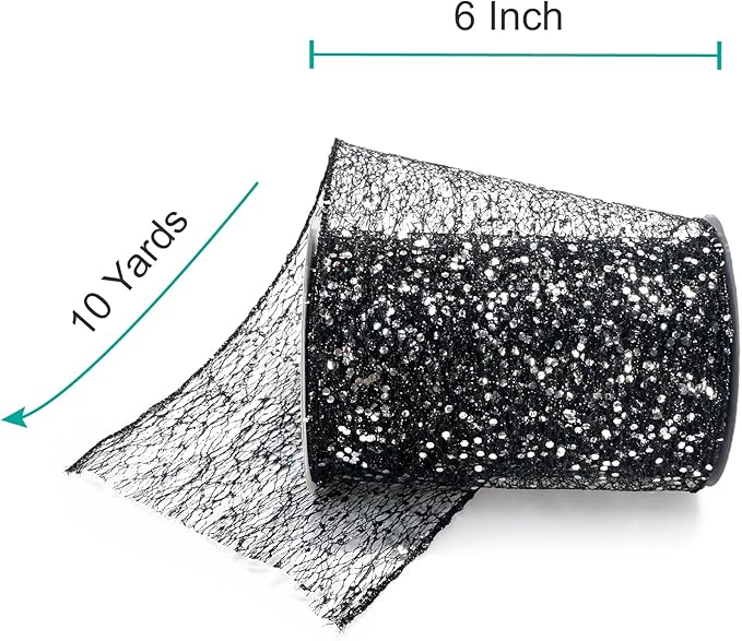 CT CRAFT LLC Sparkling Glitter Mesh Wired Ribbon 6" x 10 Yards Black for Christmas Home Decor Bow Gift Wrapping DIY Crafts Wreath
