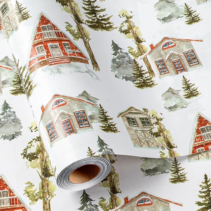 MAYPLUSS Christmas Wrapping Paper Roll - 17 In x 33 Feet - Cute Watercolor Christmas Tree Log Cabin Gift Wrap Paper for New Year, Holiday, Kids