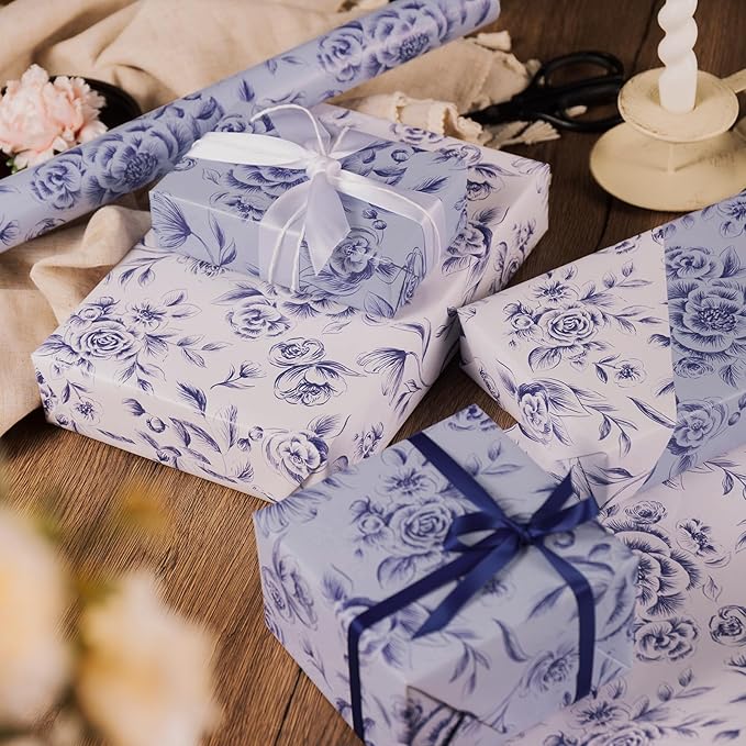 WRAPAHOLIC 30 Inch Reversible Floral Wrapping Paper Roll - 30 Inch x 33 Feet - Purple Flower Wrapping Paper for Wedding, Bridal Shower, Mother's Day, Birthday, Baby Shower