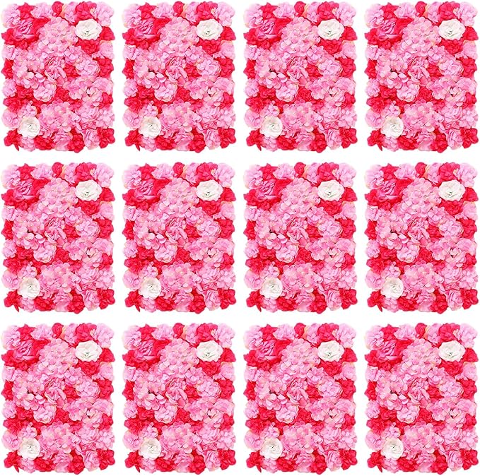 12pcs 24" x 16" Artificial Flower Wall Panel Background,3D Dark Pink Silk Dahlia Rose Flowers Wall Backdrop for Wedding Party Event Photo Backdrop Wall Decor (Type 1)