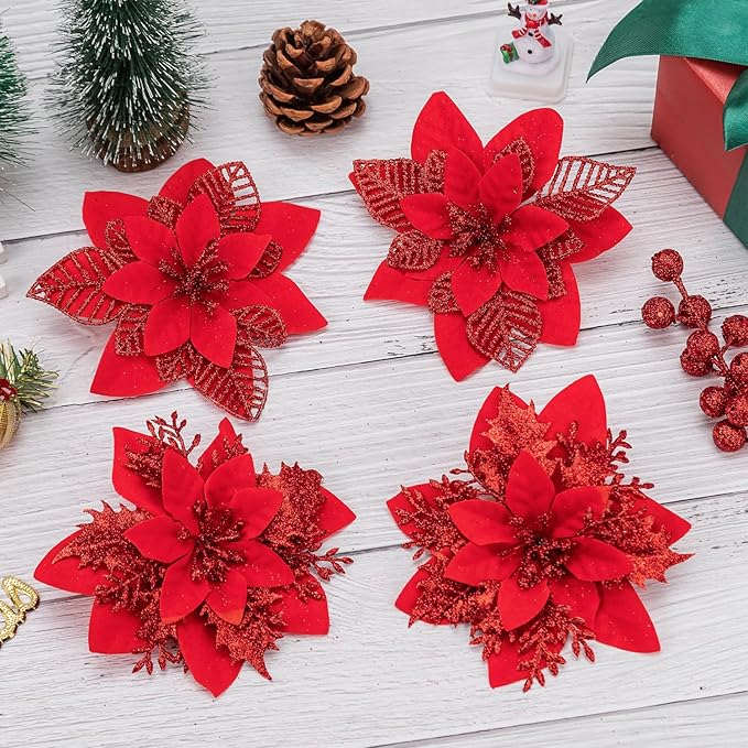 24 Pcs Red Boxed Christmas Poinsettia Flowers Set, 16 Pcs Artificial Poinsettias with Clips, 8 pcs Glitter Christmas Tree Ornaments Berry Stems for Wedding Home Holiday Xmas New Year Decorations