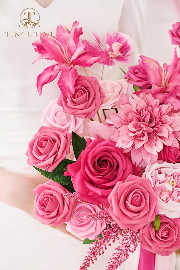 TINGE TIME 17 Inch Artificial Bridal Bouquet Realistic Silk Wedding Bouquet, Durable Fake Flowers for Brides, Bridesmaids, Home Decor, and Events (Hot Pink)