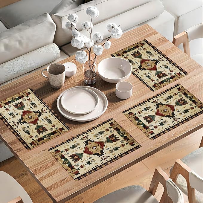 Southwestern Placemats Set of 6, Farmhouse Boho Ethnic Place Mats, Rustic Turkish Dining Table Mats, Washable Placemats for Kitchen Dining Room Home Decor 18L'' × 12W''