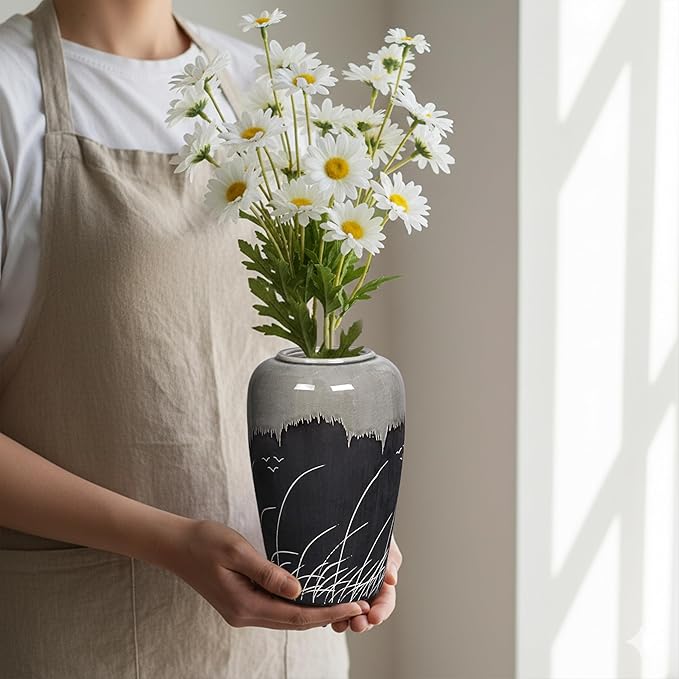 Black and Gray Vase, 8 Inch Grey Ceramic Vase with Crackle Finish, Minimalist Decorative Vases for Modern Home Decor, Office Desk, Living Room Table Centerpiece