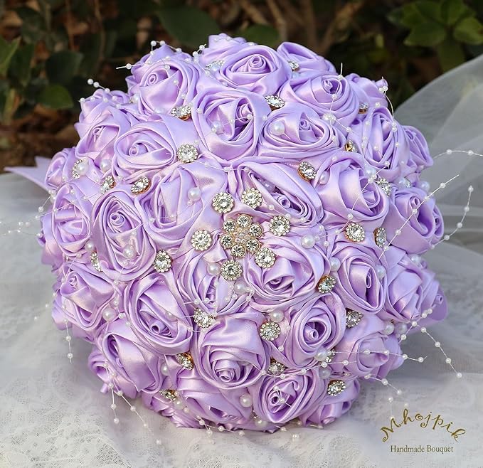 Bridal Wedding Bouquet Round Bling Brooch Bouquet Throw Toss Artificial Rose Flower Bunch for Bride Bridesmaid Wedding Quinceanera(Light Purple, 9.8")