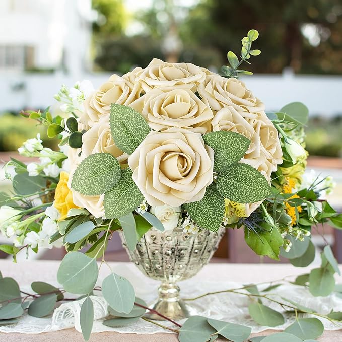 AmyHomie 25pcs Real Looking Artificial Beige Roses w/Stem for DIY Wedding Bouquets Centerpieces Arrangements Party Baby Shower Valentines Day Christmas Tree Decorations