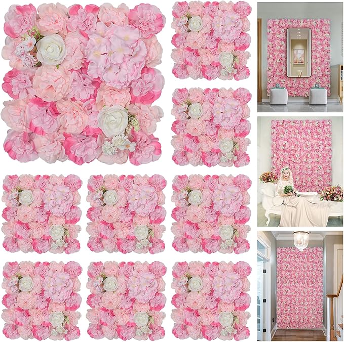 Flower Wall Backdrop 9pcs 16.5x16.5 Inch Flower Wall Decor Artificial Floral Wall Panel Ideal for Wedding Celebrations, Festive Party Birthday Backdrops and Elegant Home Decor