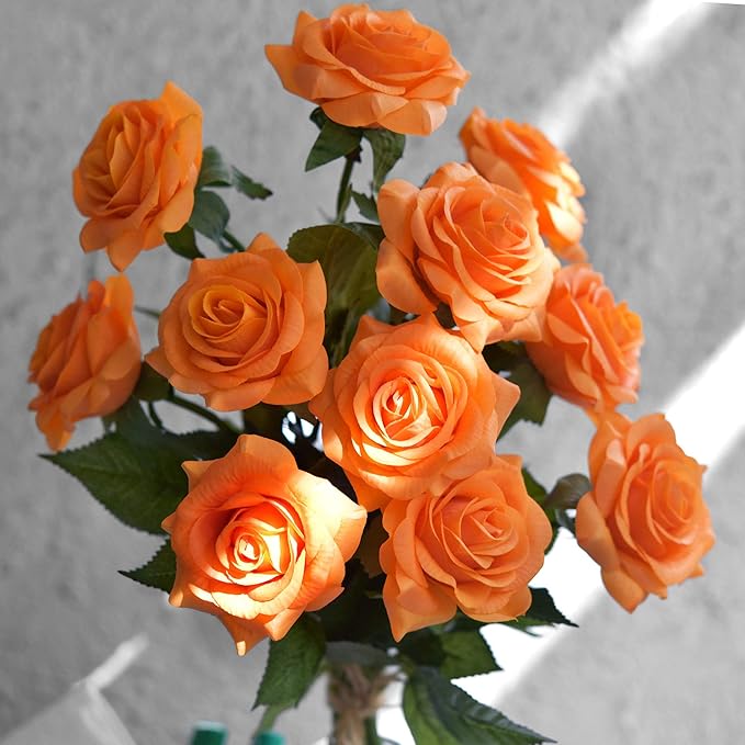 FiveSeasonStuff Silk Roses Artificial Flowers for Decoration, Home Decor Centerpiece for Tables, Wedding Bridal Bouquet of Flowers Real Touch Roses 12 Stems (Orange)