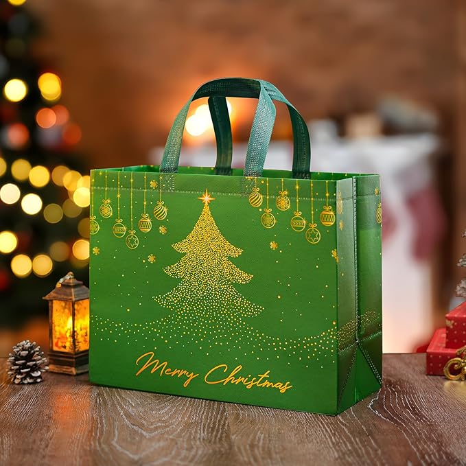 YANGTE 2 Pack 13" Large Christmas Gift Bags with Tissue Paper, Reusable Non-Woven Christmas Bag with Handles for Holiday Presents Wrapping, Holiday Tote Bags for Gifts Wrapping Xmas Party Favors