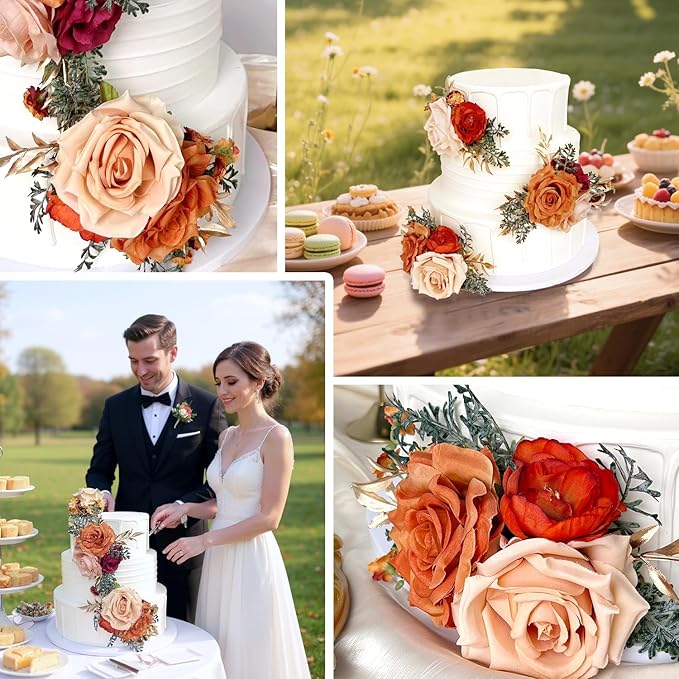 Pre-Made Burnt Orange Silk Flowers for Cakes Decorations Sunset Terracotta Artificial Rose Peony Fall Wedding Cake Toppers Decorating Fake Floral Rust Anniversary Birthday Party Arrangements Table