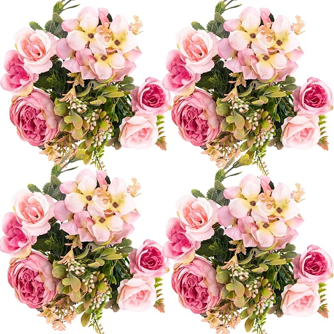 ASTRYAS 4 Packs Artificial Fake Flowers, Pink Flowers Artificial Peony Silk Fake Peonies Bouquet Table Centerpiece for Spring Summer Wedding Shower Party Home Decoration(Pink)