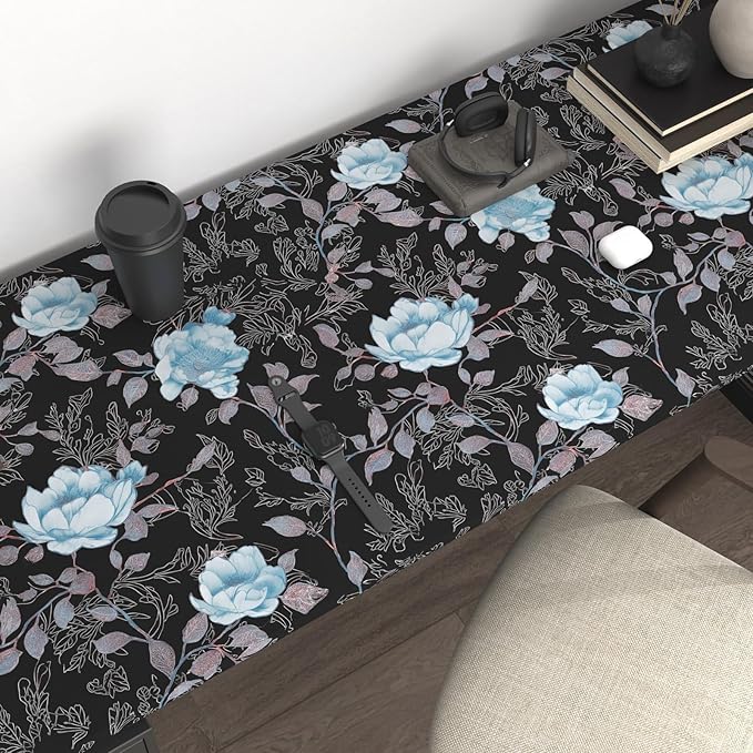 Black Blue Floral Peel and Stick Wallpaper Flowers Contact Paper 17.5"x118" Self Adhesive Waterproof Vintage Dark Floral Wall Paper for Shelf Liner Cabinet Decor
