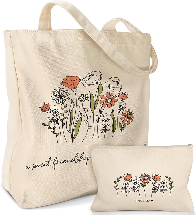 Aesthetic 2 Pack Canvas Tote Bag - with Makeup Zipper Pouch for Women Bag for Shopping, Gym, Travel, Vacation