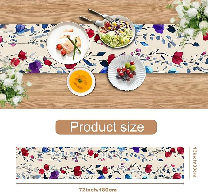 Elegant Watercolor Floral Table Runner – 13x72 Inch Linen-Look Fabric with Red, Blue & Purple Blooms on Beige Background, Perfect for Dining Room, Kitchen & Home Decor