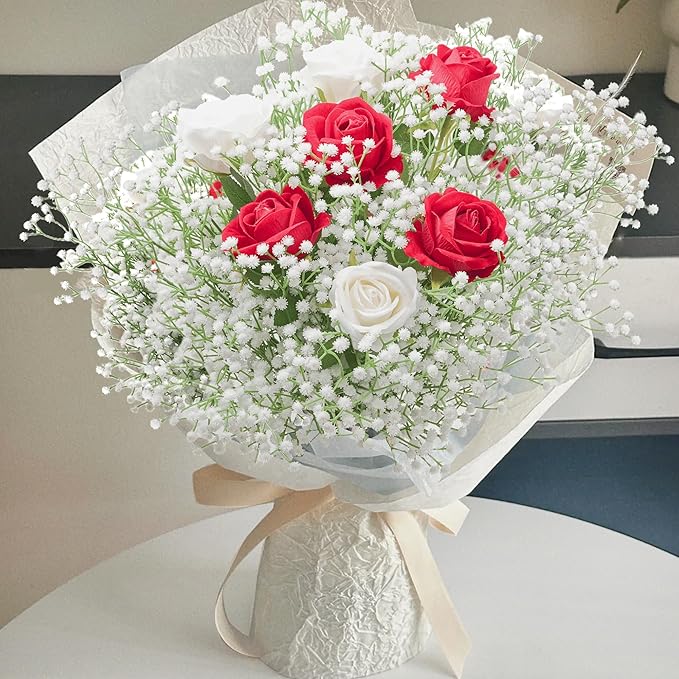 20Pcs Babys Breath Artificial Flowers Bulk, 12Pcs Fake Red Roses, DIY Wedding Flowers Bouquet, Realistic Faux Silk Flowers for Home Table Decor