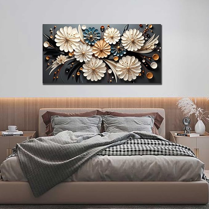 Large Wall Art for Living Room Bedroom Home Office Gold Flower Pictures Wall Art Modern Floral Artwork Framed Wall Decor Canvas Prints 24x48 In