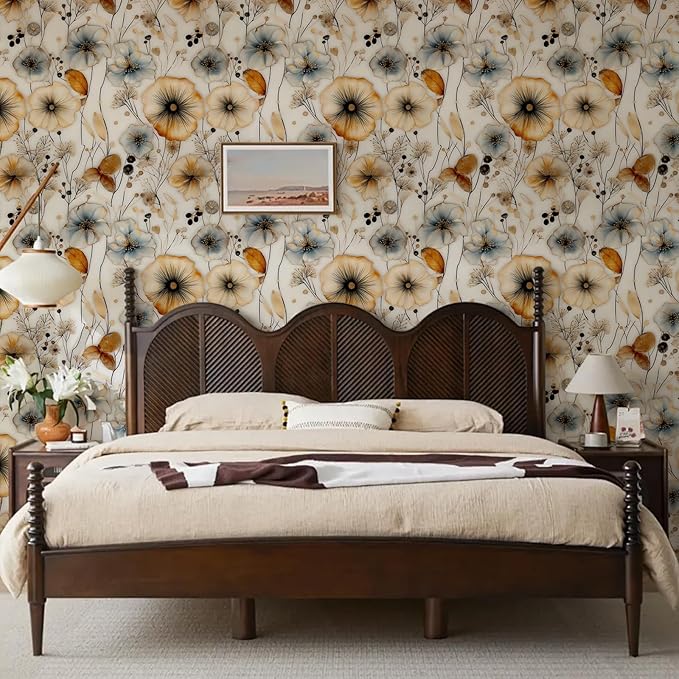 Watercolor Floral Peel and Stick Wallpaper Amber and Blue Leaf Gold Self Adhesive Removable Floral Wall Paper Renter Friendly Contact Paper for Bedroom Bathroom Walls Shelf Liner 17.71"X118.1"