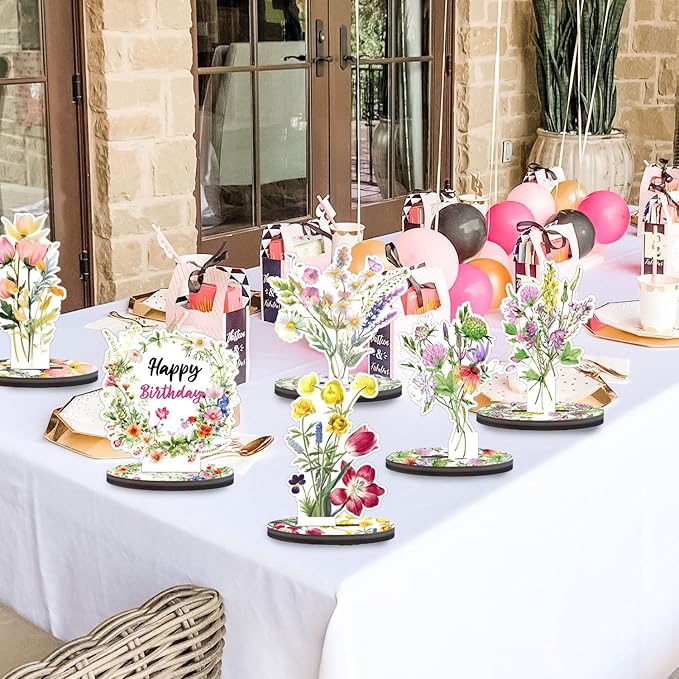 Wooden Wildflower Party Decorations - 9PCS Flower Birthday Table Sign Decor,Wildflower Party Centerpieces Table Topper,Wildflower Decor Supplies,Floral Party Wedding Decoration