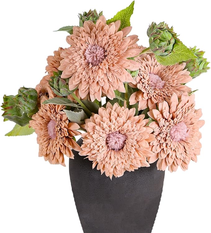 Kimura's Cabin 5Pcs Fake Sunflowers Flowers Artificial Silk Chrysanthemum Long Stems Faux Sunflower Bouquet for Wedding Home Garden Birthday Party Indoor Decor(Lotus Root Powder)