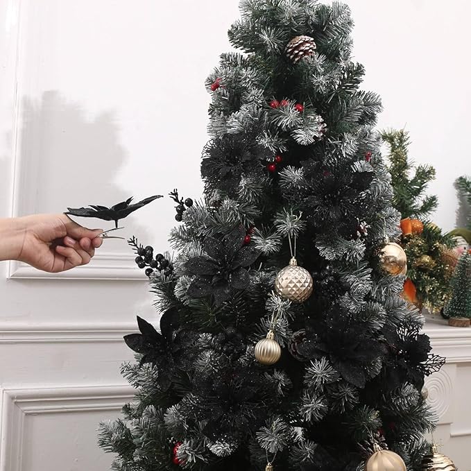 24Pcs Black Glitter Poinsettia Christmas Tree Ornaments and Glitter Berries Stems, 16Pcs Christmas Artificial Flowers and 8 Pack Christmas Tree Picks for Wedding Holiday Decorations