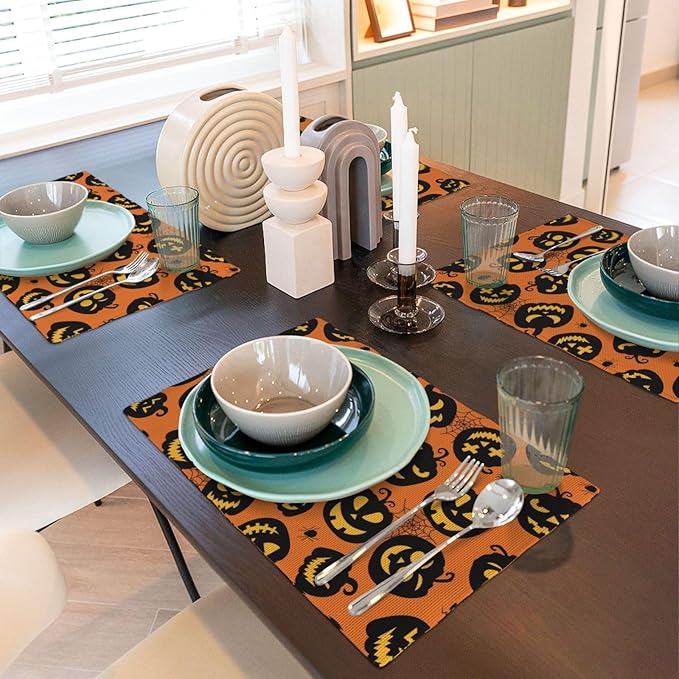 Placemats 4 pcs Halloween Double-Layer Imitation Linen Place Mats Non-Slip Heat-Resistant Tablemats for Home Restaurant Hotel 18×12 Inch