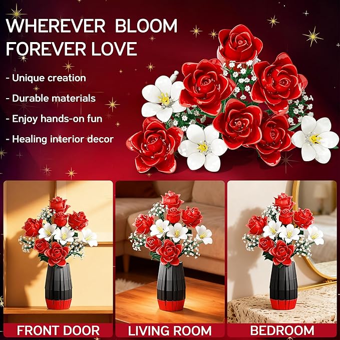 Roses Flower Bouquet Building Blocks Set with Vase, Women Men Teen Girls Gifts for Christmas, 1077PCS Botanical Collection Artificial Flowers Birthday Gifts for Her Him Wife Husband Mom Grandma Adults