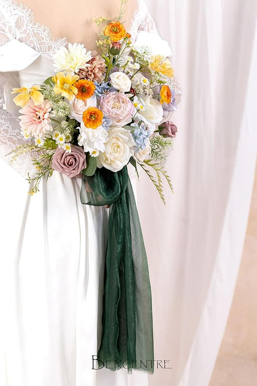 14 Inch Colorful Bridal Bouquet for Bride,Wedding Bouquet for Bride for Spring Wedding Ceremony Anniversary,Party and French Rustic Vintage Wedding,Artificial Flowers