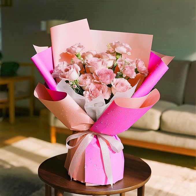 WRAPAHOLIC 20 Sheets Flower Wrapping Paper - 22.4 x 22.4 inch Hot Pink Color Water-Resistant Floral Bouquet Wrapping Paper, Florist Supplies Packaging for Wedding Birthday Gift DIY