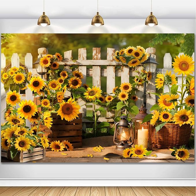 Rustic Sunflowers Backdrop Rustic Wooden Fence Sunflower Floral Photography Background for for Girls Woman Garden Party Banner Decoraitons Portrait Photo Booth Studio Props 7x5ft FU013DX