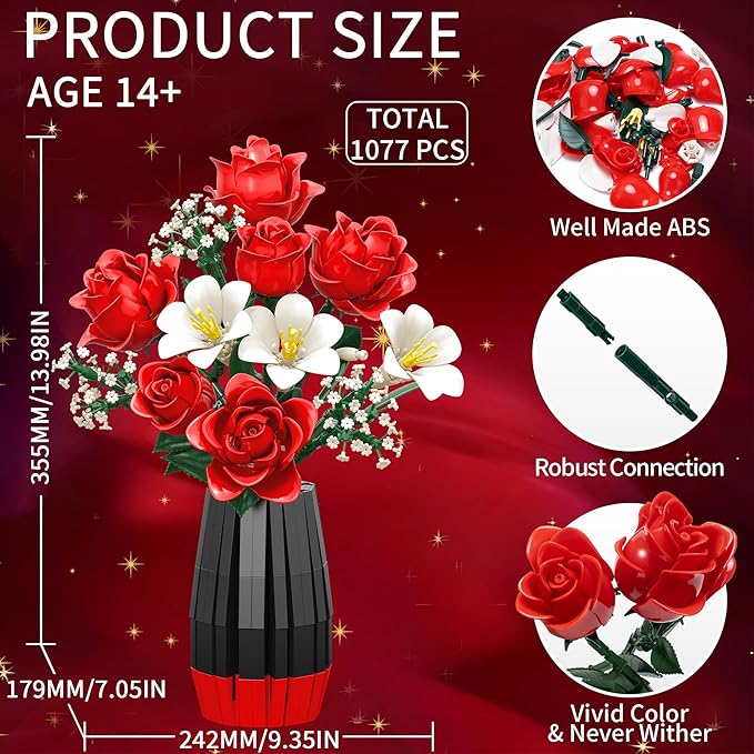 Roses Flower Bouquet Building Blocks Set with Vase, Women Men Teen Girls Gifts for Christmas, 1077PCS Botanical Collection Artificial Flowers Birthday Gifts for Her Him Wife Husband Mom Grandma Adults