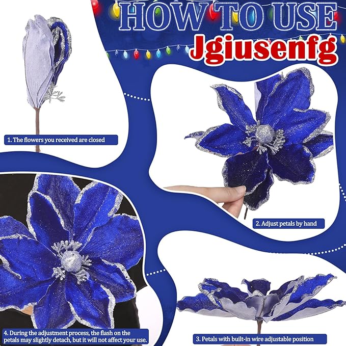 8 Pcs Large Christmas Flower Magnolia Flowers Christmas Tree Decoration Artificial Poinsettia Stems Velvet Xmas Ornaments for Xmas Tree Table Decor(Blue,12 Inch)