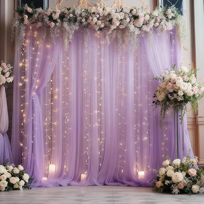 20×10ft Purple Tulle Backdrop Curtain with Lights String for Parties, Sheer Photo Backdrop Curtains for Wedding Party Photography Background