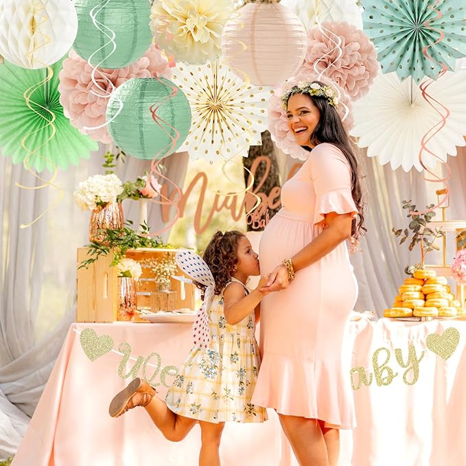 Sage-Green Blush-Beige Baby Shower Party-Decorations - 21pcs Girls Welcome Baby Banner,Light Dusty Pink Paper Lanterns Pom Poms,Safari Woodland Boho Neutral Streamers Garland Decor Favors Huglony