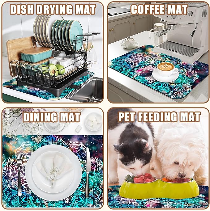 Abstract Mandala Galaxy Star Dish Drying Mat for Kitchen Counter Coffee Bar Mat Hide Stain Absorbent Rubber Backed Coffee Maker Espresso Machine Accessories 11.8 x 19.7 Inch