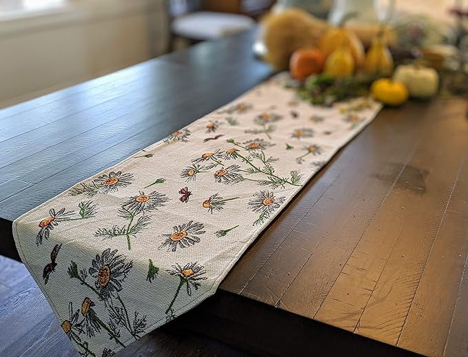 Tache Botanical Grey White Yellow Floral Daisy Flower Long Tapestry Seasonal Kitchen Dining Table Runners 13 x 120 Daisies