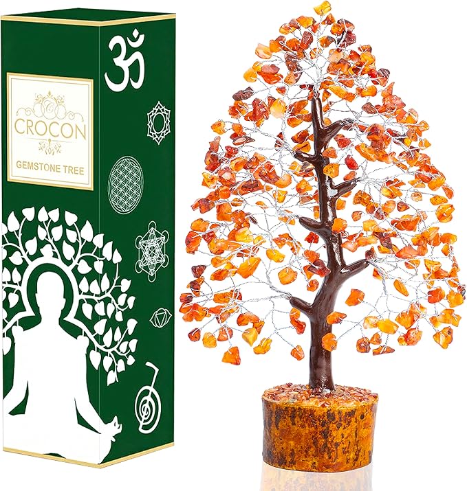 Crocon Carnelian Chakra Tree of Life - Crystal for Positive Energy, Handmade Gemstone Feng Shui Decor, Good Luck Money Tree Bonsai - Orange Healing Crystals for Sacral Chakra, Prosperity Gift