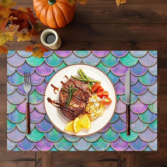 Mermaid Purple Placemats Set of 6,Washable Heat Resistant 12×18 Inch Linen Table Mats Fish Scales Place Mats for Party Outdoor Dining Décor