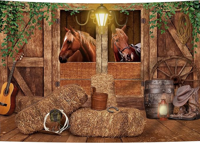 SVBright Western Backdrop 5Wx3H Cowboy Birthday Banner Wild West Horse Barn Door Old Wood Wheels Green Leaves Garage Door Boy Man Decorations Photography Background Banner Photo Booth Studio
