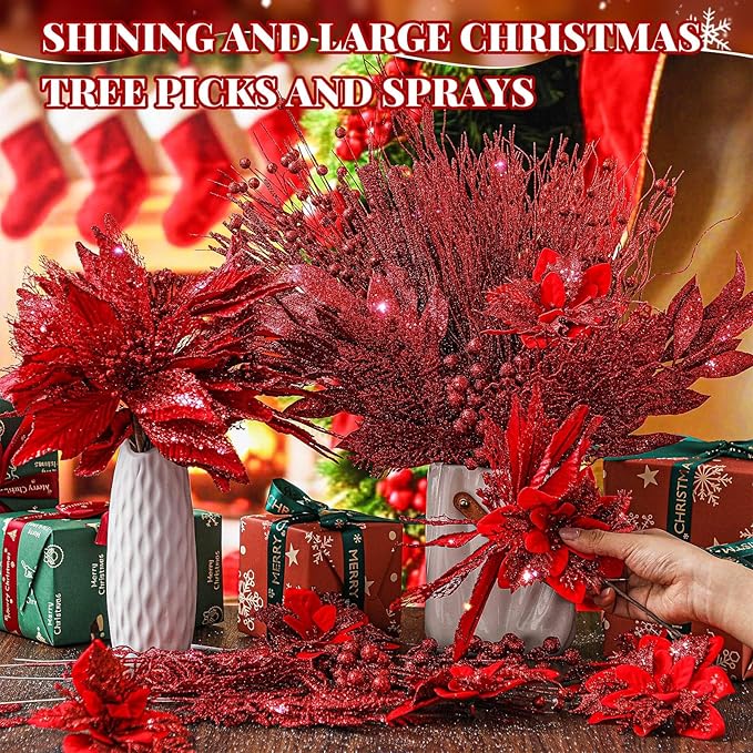 Yerliker 108 Pcs Red Glitter Christmas Picks and Sprays, 12 Styles Artificial Christmas Floral Berry Branches Flowers Stems for Xmas Tree Ornaments Wreath Garland DIY Vase Holiday Party Decor