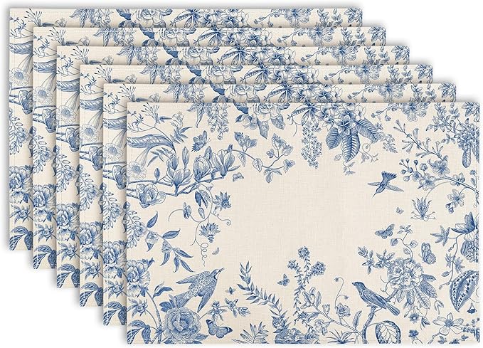 6Pcs Blue White Floral Placemats Flower Birds Branches Table Place Mats 12 x 18 in Vintage Non-Slip Heat Resistant Kitchen Dinner Mat for Home Dining Table Decoration