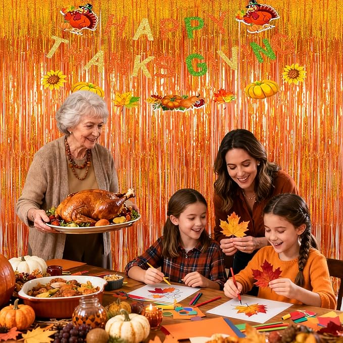 Upgraded Thicker Melsan Tinsel Fringe Curtain, 3 Pack 3.2 x 8.2 ft Orange Metallic Streamers with Extra Tape, for Thanksgiving Birthday Baby Shower Graduation Party Decor