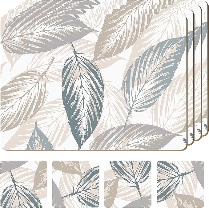 Set of 4 Heat Resistant Cork Placemats for Dining Table with Free Set of 4 Matching Drink Coasters Marble Design 16 x 12 Inches Cork Backed Hard Placemats (Farmhouse Rustic Leaves)