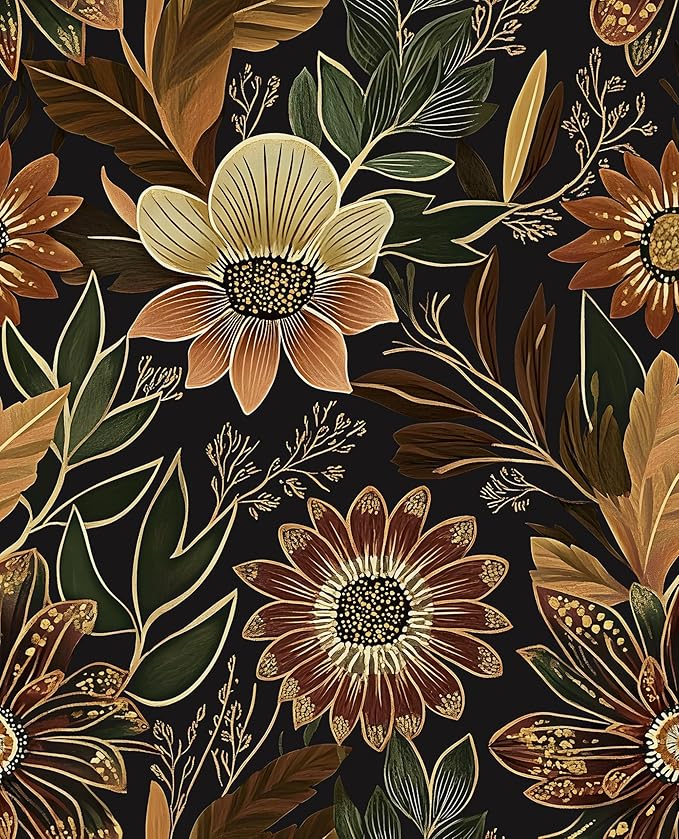 Boho Wallpaper Peel and Stick Dark Floral Wallpaper for Cabinet Vintage Contact Paper Waterproof Self Adhesive Removable Modern Wall Paper for Bedroom Stair Bathroom 17.5in x393in