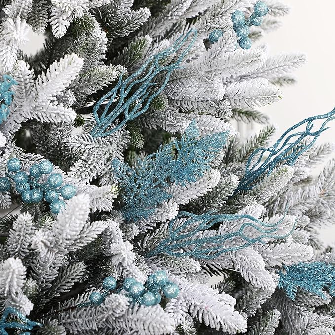 75 Pcs Christmas Glitter Branches 3 Styles Artificial Christmas Picks Berries Stems Pine Needles Floral Twig Spray for Xmas Tree Ornaments DIY Wreath Garland(Lake Blue)
