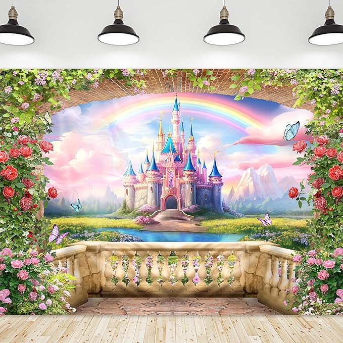 Riyidecor Pink Castle Backdrop Polyester Fabric Princess Flower Blossom Spring Floral Butterfly 8Wx6H Feet Fairy Fantasy Balcony Rainbow Photography Background Birthday Wedding Photo Studio Shoot