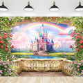 Riyidecor Pink Castle Backdrop Polyester Fabric Princess Flower Blossom Spring Floral Butterfly 8Wx6H Feet Fairy Fantasy Balcony Rainbow Photography Background Birthday Wedding Photo Studio Shoot