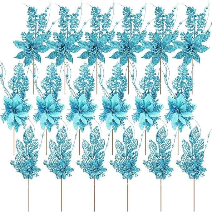 18 Pack 3 Styles 17 Inch Christmas Glitter Poinsettia Berry Stems Ornaments Artificial Floral Branches Picks for Christmas Tree Home Vase Holiday Party Decor(Lake Blue)