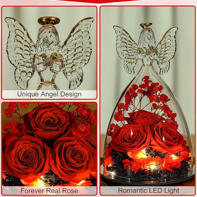 Mothers Day Mom Gifts for Women Preserved Flowers in Glass Angel Forever Flowers Gifts Eternal Roses Gifts for Grandma - Red