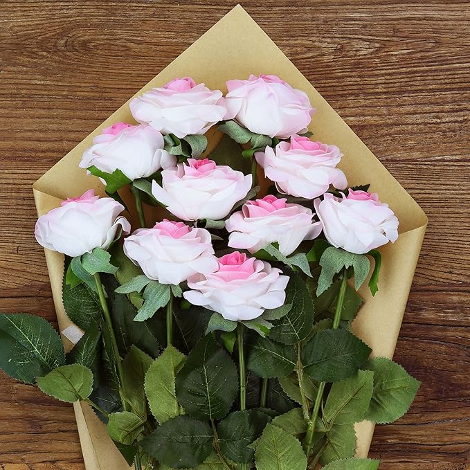 FiveSeasonStuff Fake Roses Wedding Flowers Real Touch Silk White & Pink Artificial Flowers 12 Stems